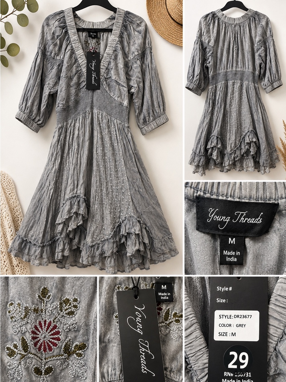 NWT Young Threads Gray Embroidered Boho Midi Dress Ruffle Hem M